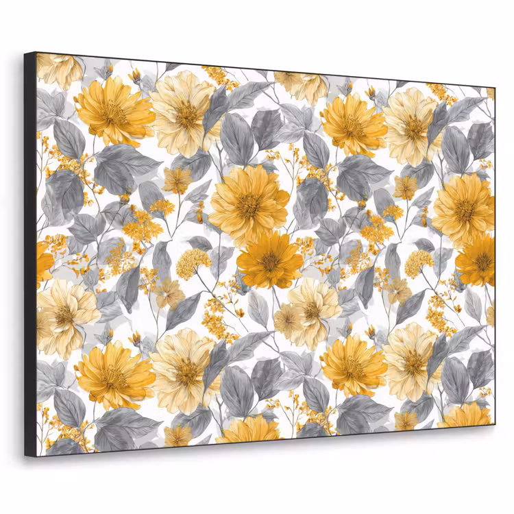 Bloemen - Botanisch - Elegant - Okergeel - Grijs Textielframe zwart klein 947 -3d