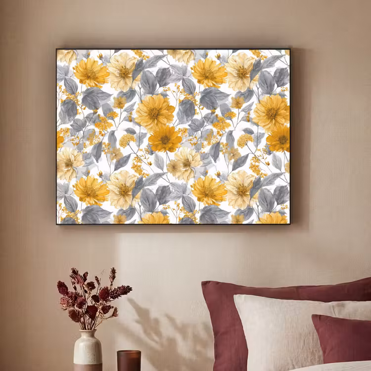 Bloemen - Botanisch - Elegant - Okergeel - Grijs Textielframe zwart klein 947 -sfeer1