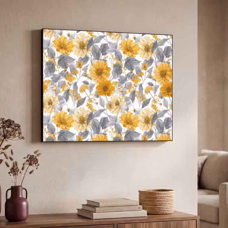 Bloemen - Botanisch - Elegant - Okergeel - Grijs Textielframe zwart klein 947 -sfeer3