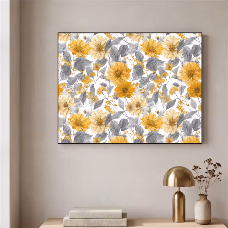 Bloemen - Botanisch - Elegant - Okergeel - Grijs Textielframe zwart klein 947 -sfeer2