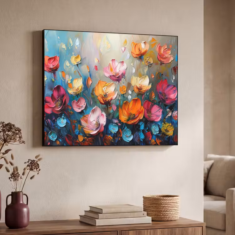 Bloemen - Kleurrijk - Abstract - Verf - Natuur Textielframe zwart klein -sfeer3