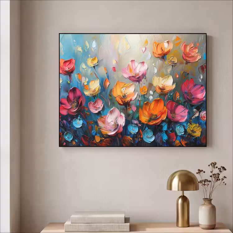 Bloemen - Kleurrijk - Abstract - Verf - Natuur Textielframe zwart klein -sfeer2