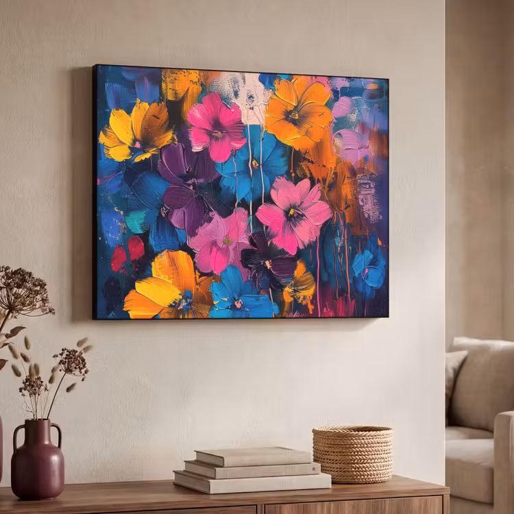 Bloemen - Kleurrijk - Abstract - Modern Textielframe - compleet frame klein -sfeer3