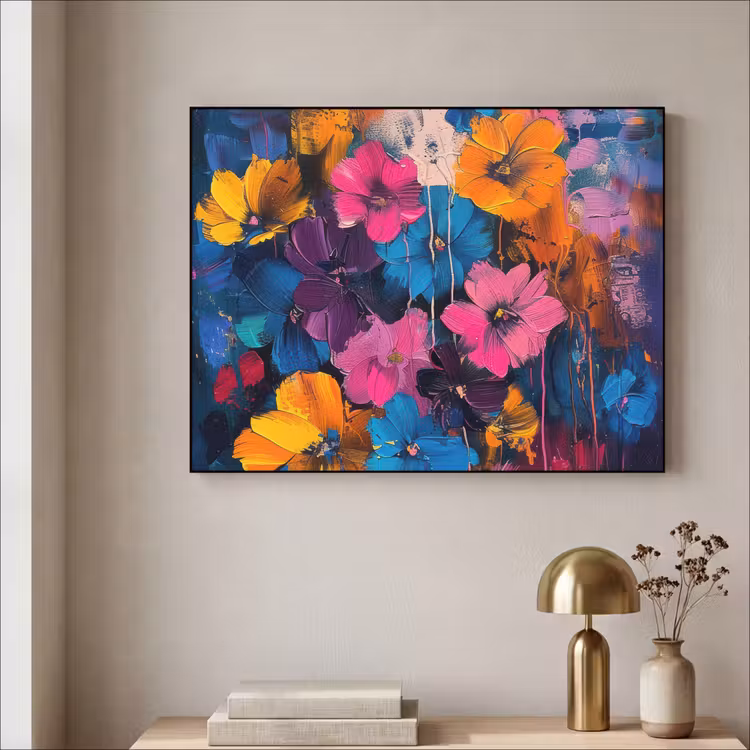 Bloemen - Kleurrijk - Abstract - Modern Textielframe - compleet frame klein -sfeer2