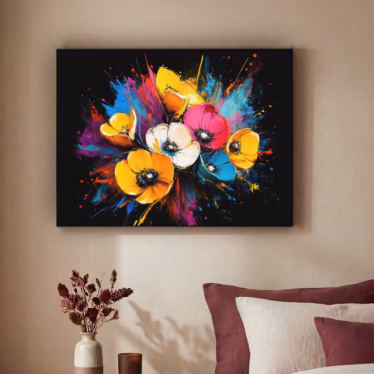 Bloemen - Kleurrijk - Graffiti - Modern - Boeket Textielframe zwart klein -sfeer1