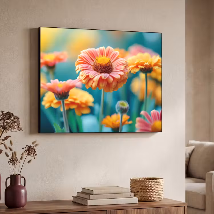 Bloemen - Kleurrijk - Natuur - Gerbera Textielframe zwart klein -sfeer3