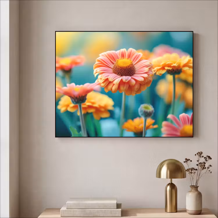Bloemen - Kleurrijk - Natuur - Gerbera Textielframe zwart klein -sfeer2