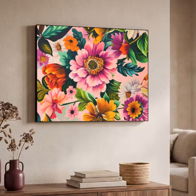 Bloemen - Kleurrijk - Roze Textielframe - compleet frame klein -sfeer3