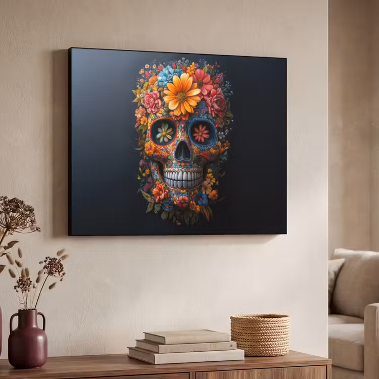 Bloemen - Kleurrijk - Schedel Textielframe zwart klein -sfeer3