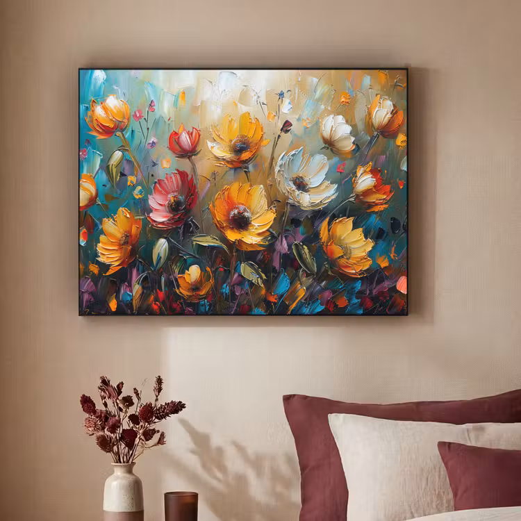 Bloemen - Verf - Kunst - Modern Textielframe zwart klein -sfeer1