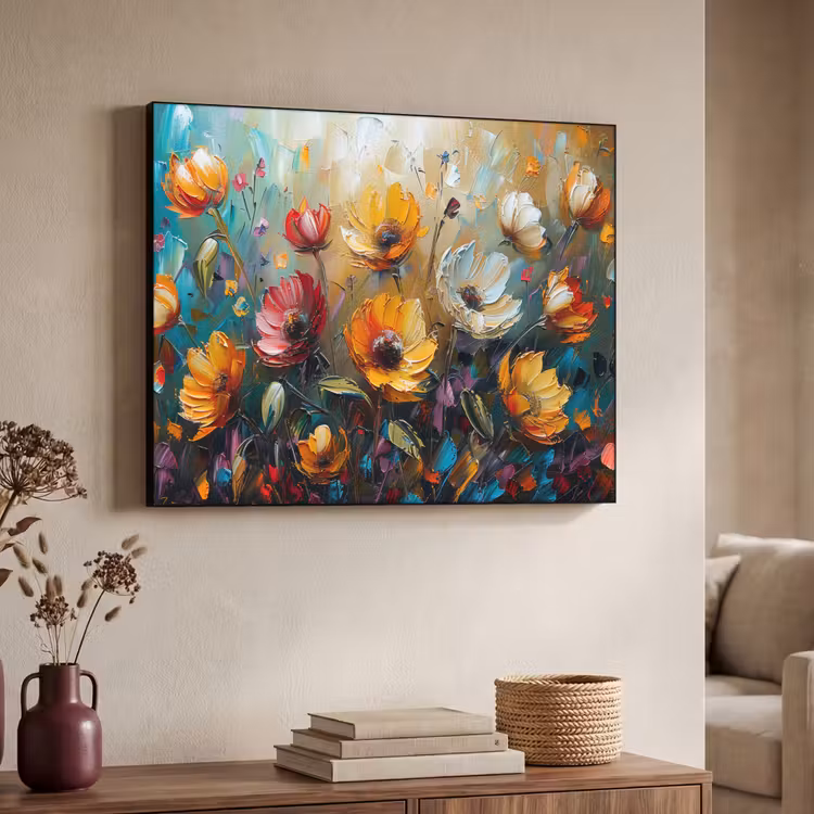 Bloemen - Verf - Kunst - Modern Textielframe zwart klein -sfeer3