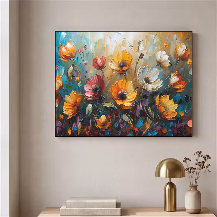 Bloemen - Verf - Kunst - Modern Textielframe zwart klein -sfeer2