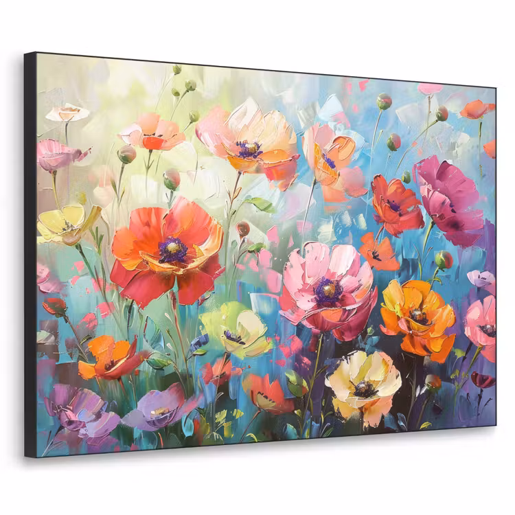 Bloemen - Kleurrijk - Waterverf - Natuur - Zomer Textielframe zwart klein -3d