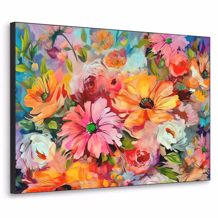 Bloemen - Kleurrijk - Kunst - Olieverf Textielframe zwart klein -3d
