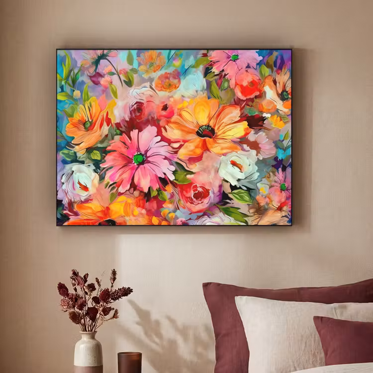 Bloemen - Kleurrijk - Kunst - Olieverf Textielframe zwart klein -sfeer1