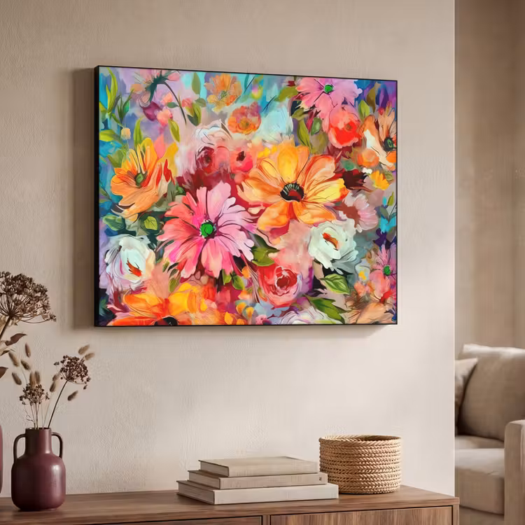 Bloemen - Kleurrijk - Kunst - Olieverf Textielframe zwart klein -sfeer3