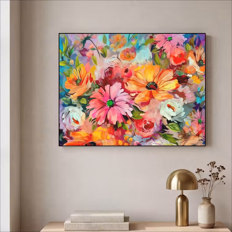 Bloemen - Kleurrijk - Kunst - Olieverf Textielframe zwart klein -sfeer2
