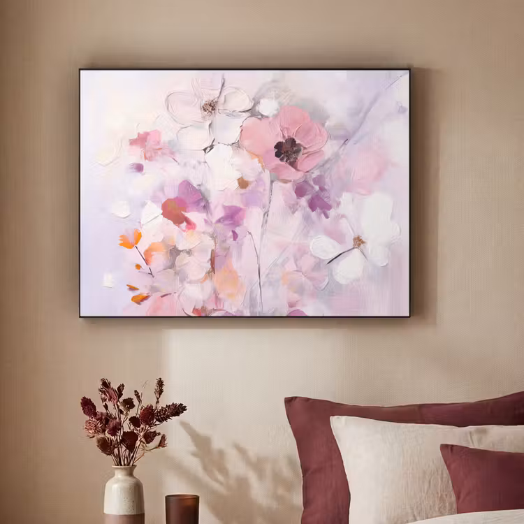 Bloemen - Lila - Watercolor - Kunst Textielframe zwart klein -sfeer1