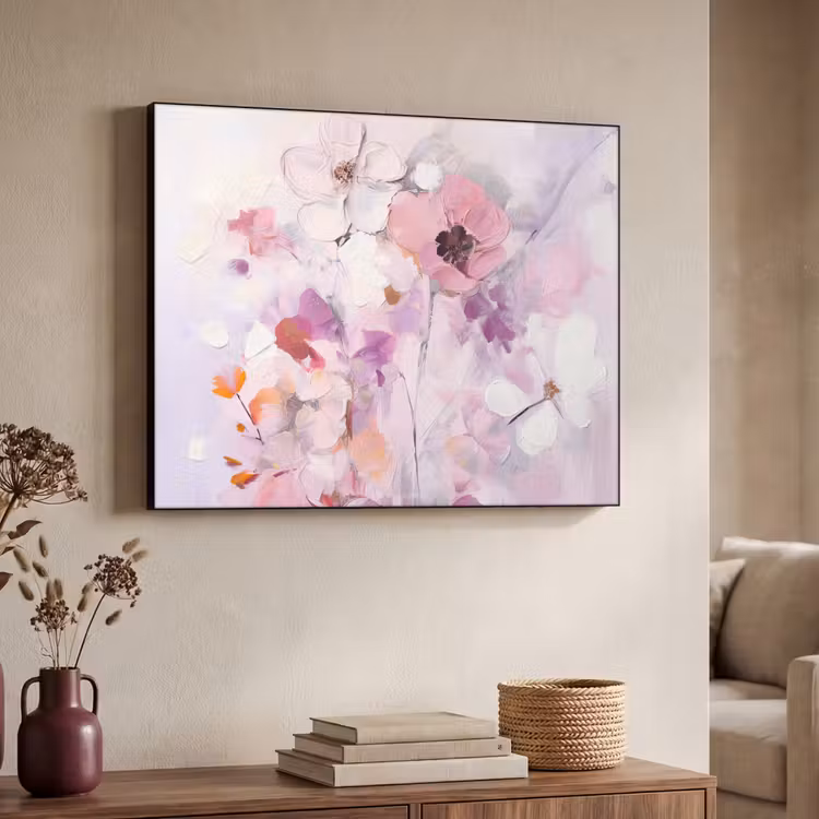 Bloemen - Lila - Watercolor - Kunst Textielframe zwart klein -sfeer3