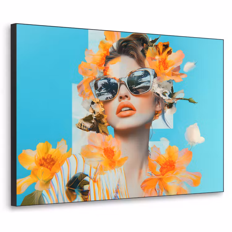 Bloemen - Vrouw - Zonnebril - Blauw Textielframe zwart klein -3d