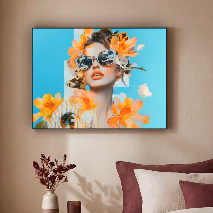 Bloemen - Vrouw - Zonnebril - Blauw Textielframe zwart klein -sfeer1
