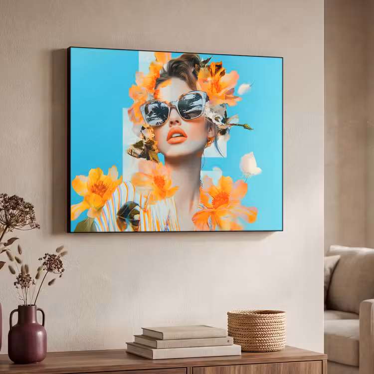 Bloemen - Vrouw - Zonnebril - Blauw Textielframe zwart klein -sfeer3