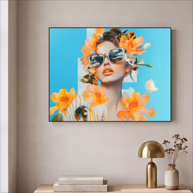 Bloemen - Vrouw - Zonnebril - Blauw Textielframe - compleet frame klein -sfeer2