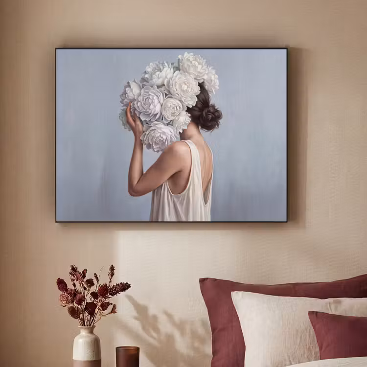 Bloemen - Vrouw - Wit Textielframe zwart klein -sfeer1