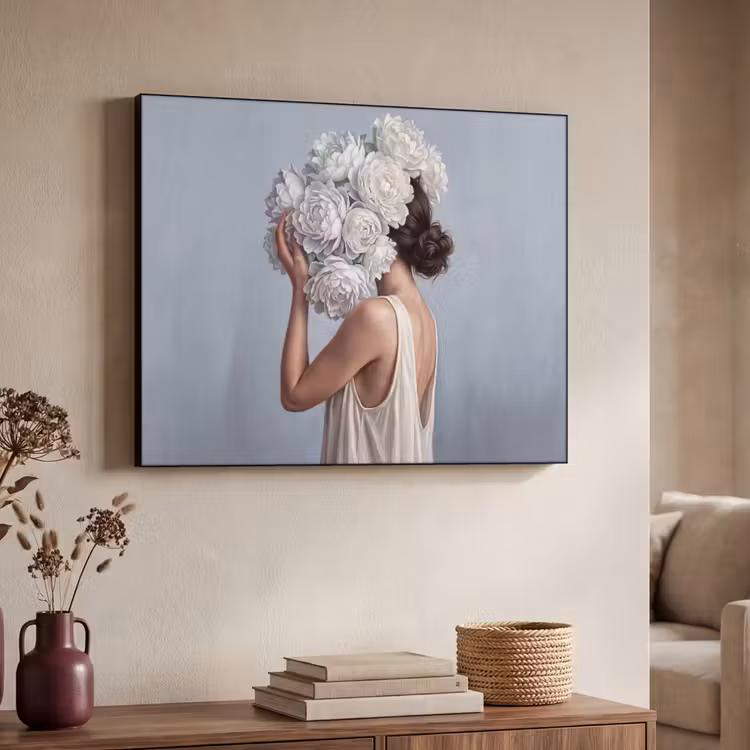 Bloemen - Vrouw - Wit Textielframe zwart klein -sfeer3