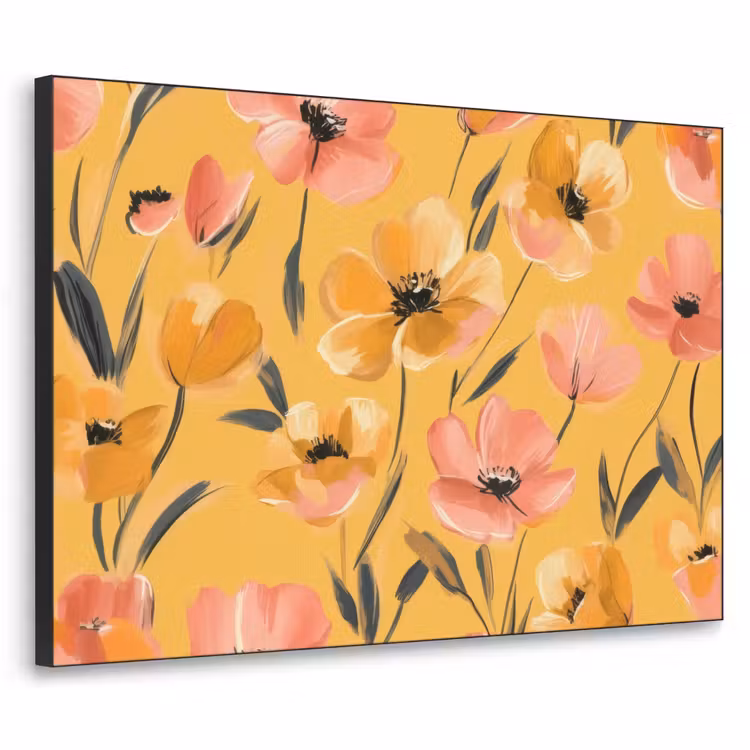 Bloemen - Geschilderd - Geel Textielframe zwart klein -3d