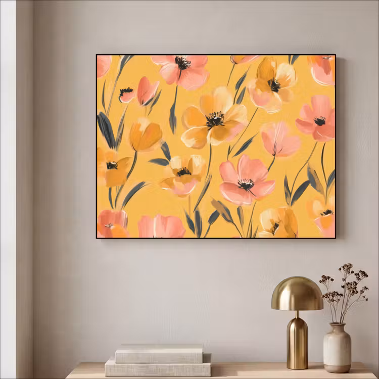 Bloemen - Geschilderd - Geel Textielframe - compleet frame klein -sfeer2