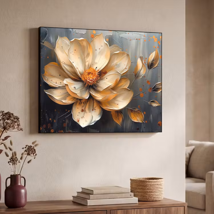Bloemen - Goud - Kunst - Zwart - Modern Textielframe zwart klein -sfeer3