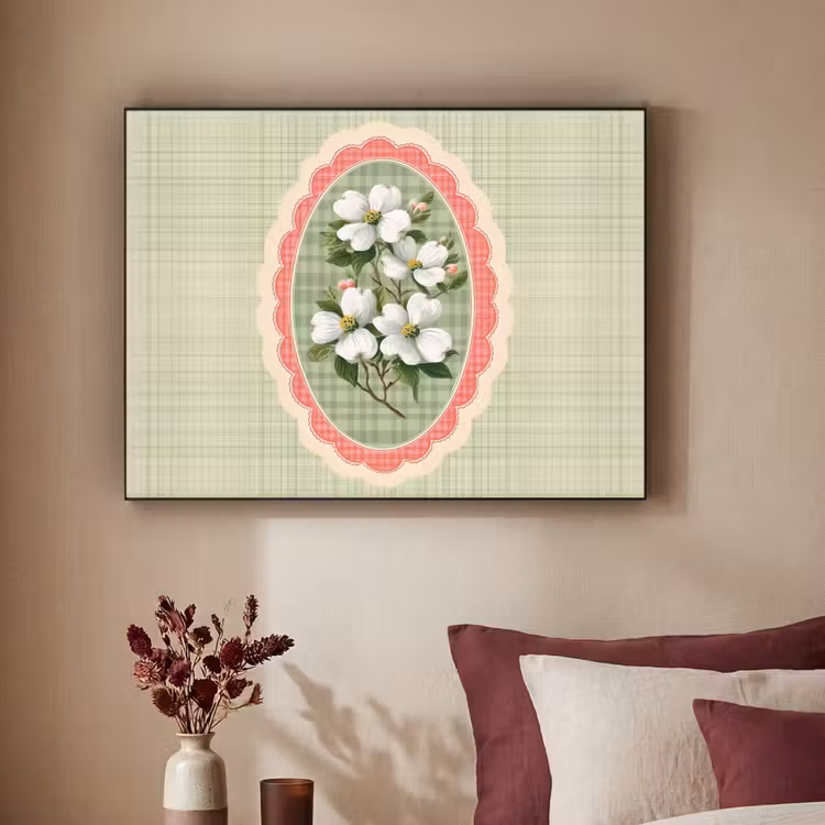 Bloemen - Illustratie - Geruit - Groen Textielframe zwart klein -sfeer1