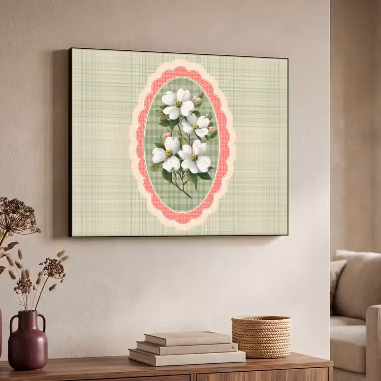 Bloemen - Illustratie - Geruit - Groen Textielframe - compleet frame klein -sfeer3