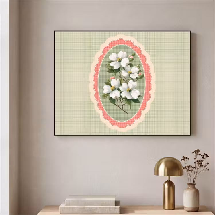 Bloemen - Illustratie - Geruit - Groen Textielframe - compleet frame klein -sfeer2