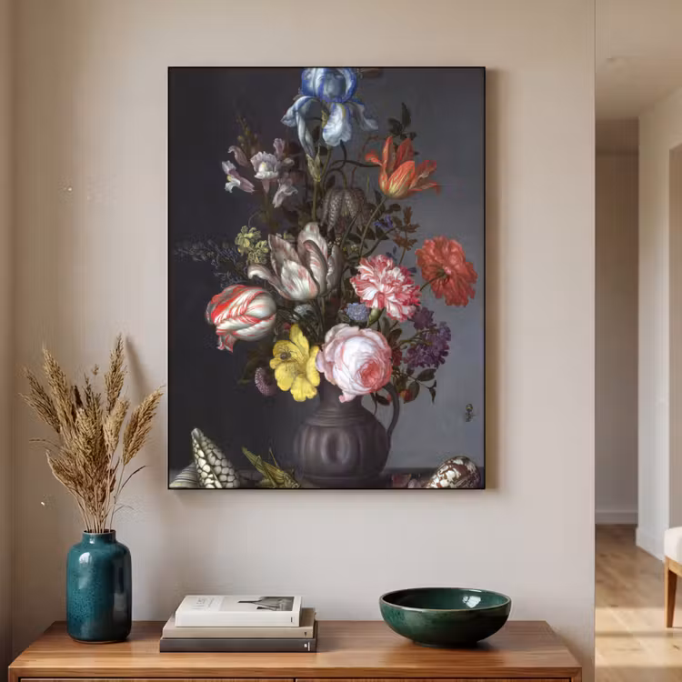 Bloemen in een vaas met schelpen en insecten - Balthasar van der Ast Textielframe zwart klein -sfeer1