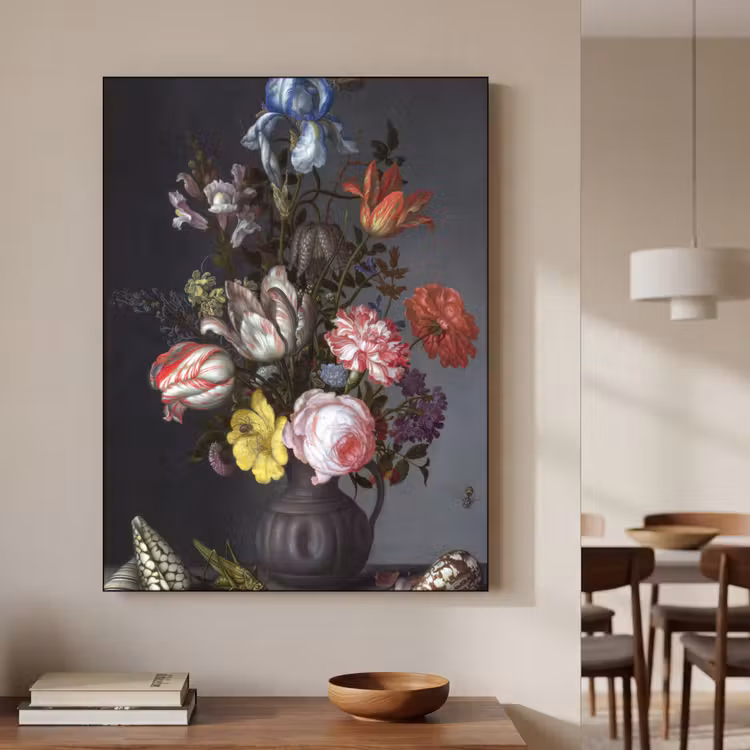 Bloemen in een vaas met schelpen en insecten - Balthasar van der Ast Textielframe zwart klein -sfeer2