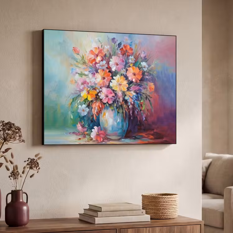 Bloemen - Kunst - Schilderij - Lente - Boeket Textielframe zwart klein -sfeer3