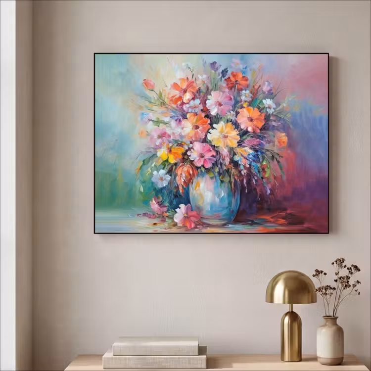 Bloemen - Kunst - Schilderij - Lente - Boeket Textielframe zwart klein -sfeer2