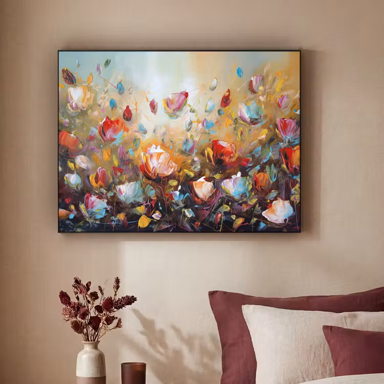 Bloemen - Kunst - Natuur - Olieverf Textielframe zwart klein -sfeer1