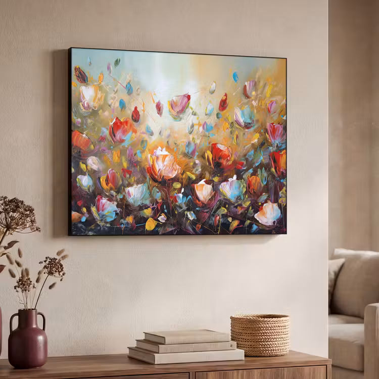 Bloemen - Kunst - Natuur - Olieverf Textielframe zwart klein -sfeer3