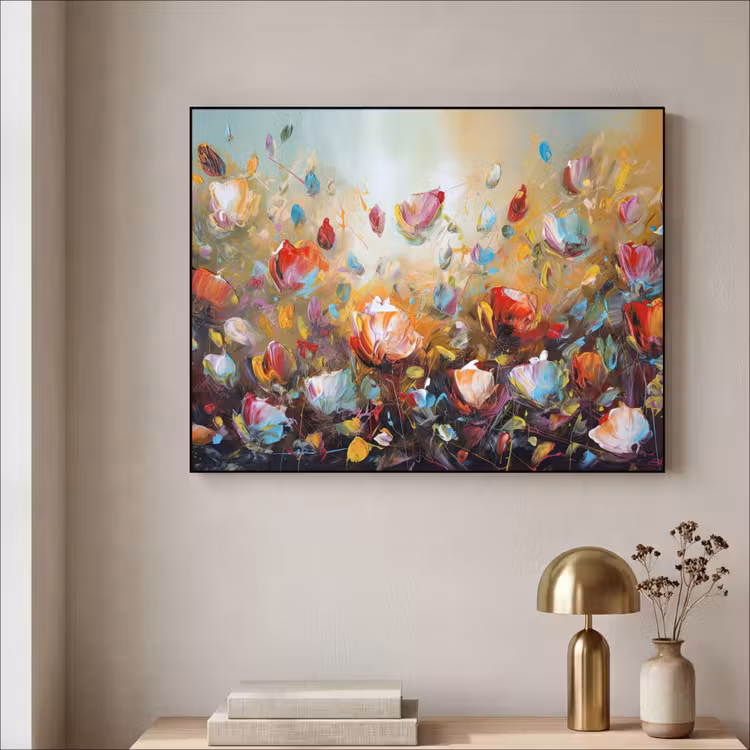 Bloemen - Kunst - Natuur - Olieverf Textielframe zwart klein -sfeer2