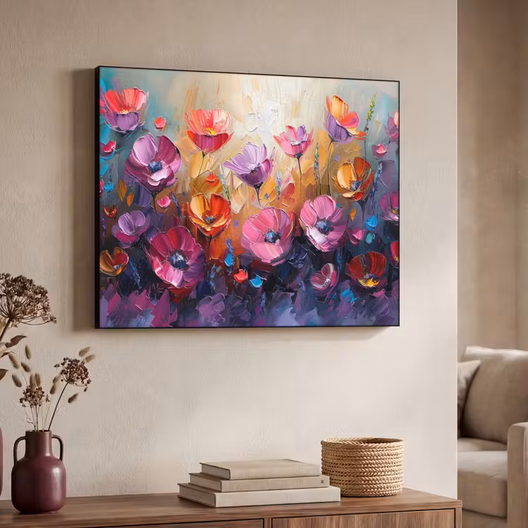 Bloemen - Paars - Kleurrijk - Handgeschilderd - Kunst Textielframe zwart klein -sfeer3