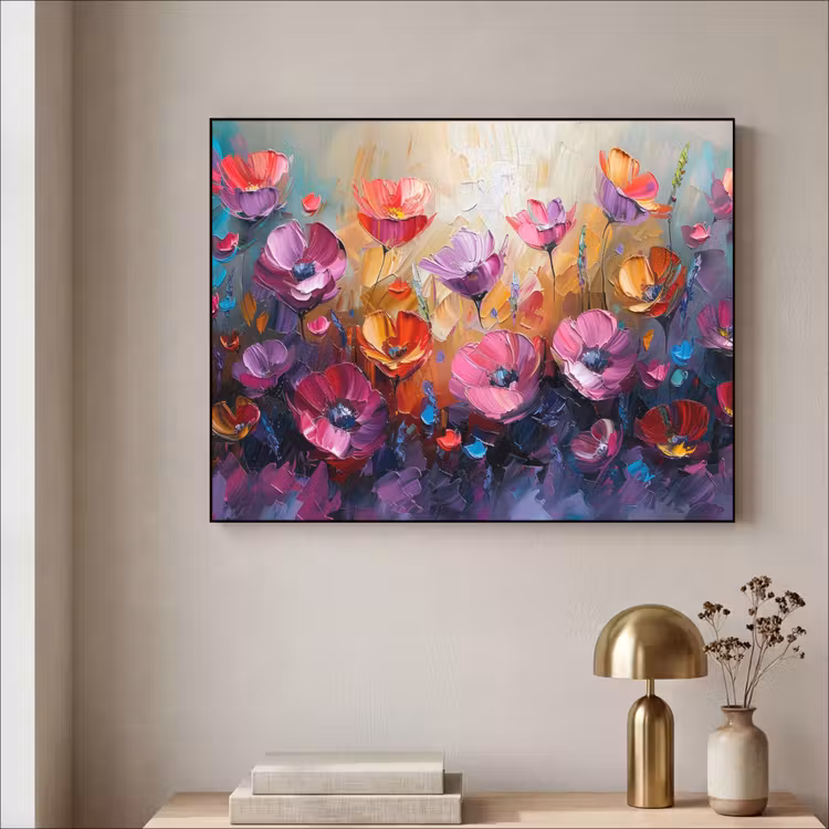 Bloemen - Paars - Kleurrijk - Handgeschilderd - Kunst Textielframe zwart klein -sfeer2