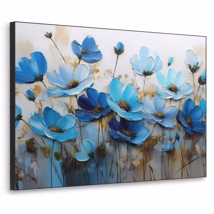 Bloemen - Schilderij - Blauw Textielframe zwart klein -3d