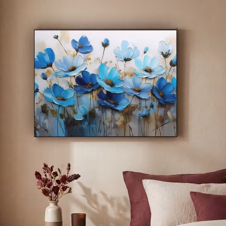 Bloemen - Schilderij - Blauw Textielframe zwart klein -sfeer1