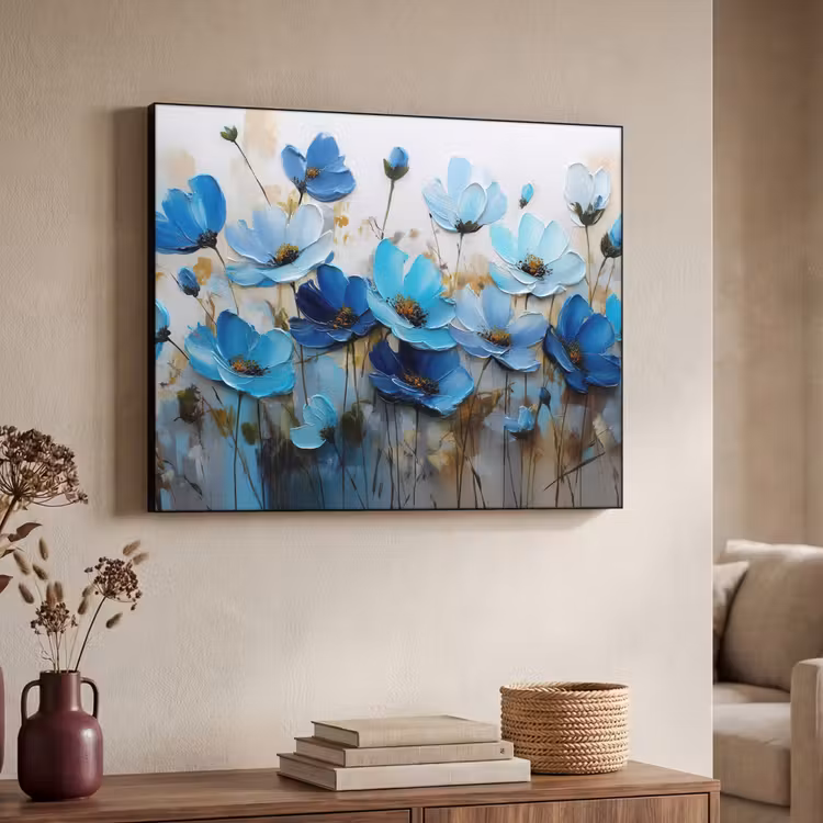 Bloemen - Schilderij - Blauw Textielframe zwart klein -sfeer3