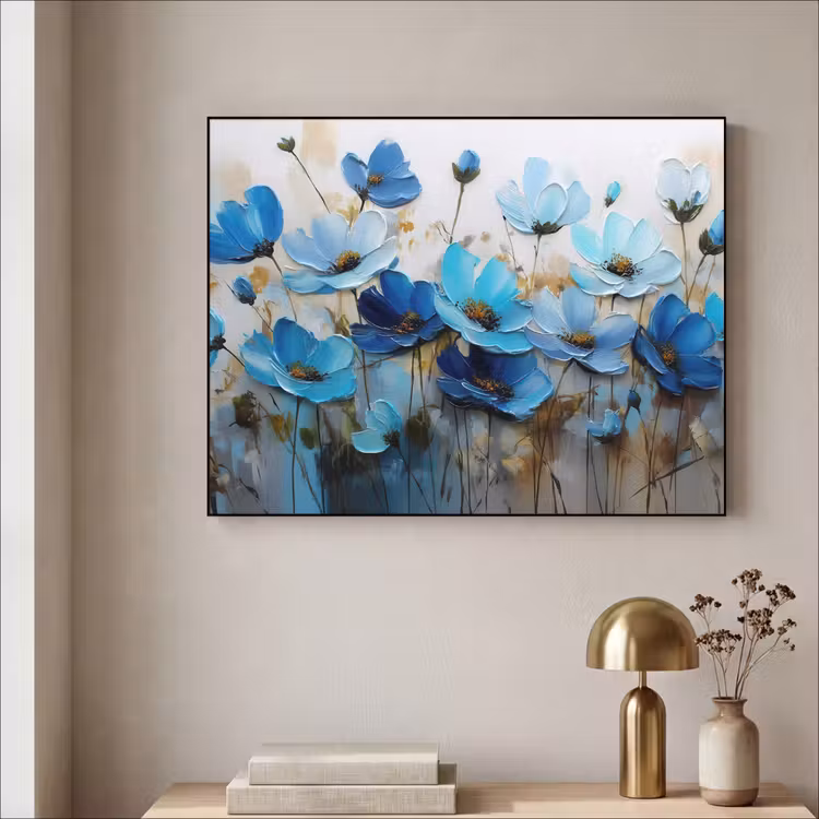 Bloemen - Schilderij - Blauw Textielframe zwart klein -sfeer2