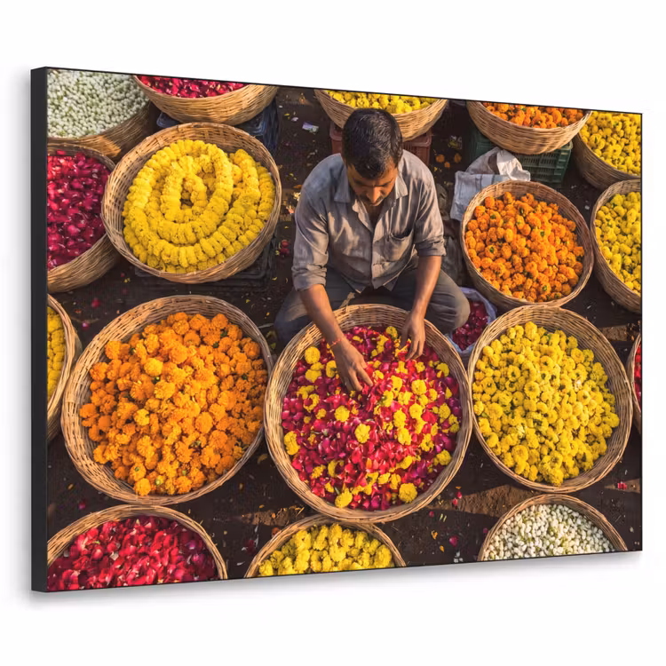 Art Frame - Blumen – Markt – Bunt - Bloemen - Markt - Kleurrijk Textielframe zwart klein