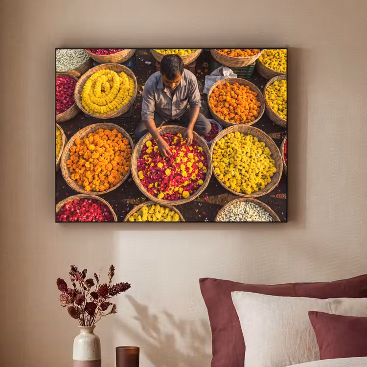 Art Frame - Blumen – Markt – Bunt - Bloemen - Markt - Kleurrijk Textielframe zwart klein